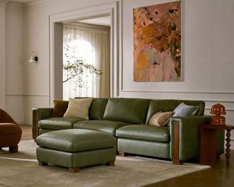 Castlery Tan France Kagan Leather Extended Sofa with Ottoman, Lugano Moss for Men, American Top-Grain Leather, Modular Design, Green