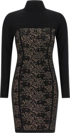 Elisabetta Franchi Black Jacquard Turtle Neck Mini Dress