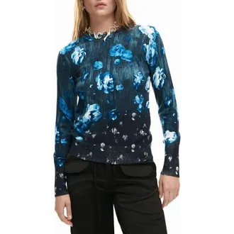 Desigual Floral Fine Gauge Crewneck Sweater in Black/Blue at Nordstrom, Size X-Large