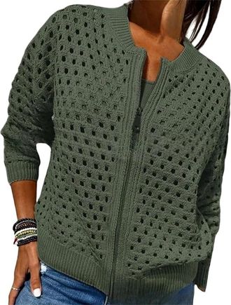 Generic Womens Casual Hollow Knitwear Zipper Jacket, Lightweight Crochet Fishnet Shrugs Sweater, Open Front Long Sleeve (Green,xx_l)