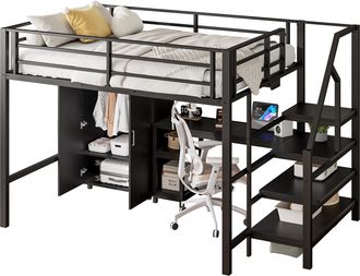 STILVORA Cama Alta 140 X 200 Cm Con Armario, Estantes Y Escritorio, Sin Colch&oacute;n, De Metal, Negro