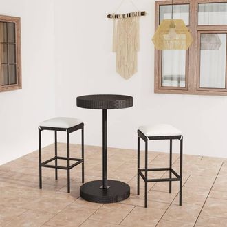 vidaXL Set Muebles Bar Jard&iacute;n 3 Piezas Y Cojines Rat&aacute;n Sint&eacute;tico Negro Vidaxl