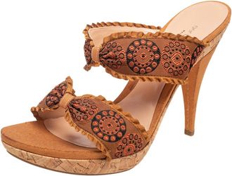 Sergio Rossi Mustard Brown Embroidered Fabric Double Bow Strap Slide Sandals