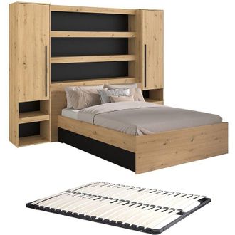 Vente-Unique Letto a ponte 160 x 200 cm Con vani portaoggetti Con LED Naturale e Nero + Rete - VARLY