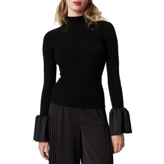 Twinset Turtlenecks, female, Black, XS, Black Ribbed Jumper with Satin Ruffle