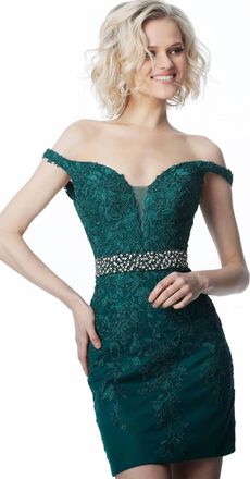 Jovani Off The Shoulder Lace Appliqued Beaded Short Dress In Emerald