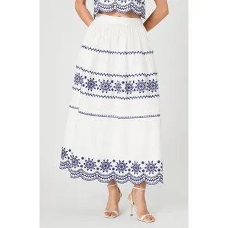 French Connection Alissa Embroidered Cotton Midi Skirt in Linen Wh-Elec Indigo at Nordstrom, Size X-Small