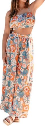 FORE COLLECTION Harmony Flower Power Crop Top & Flare Pant Set In Blue/orange