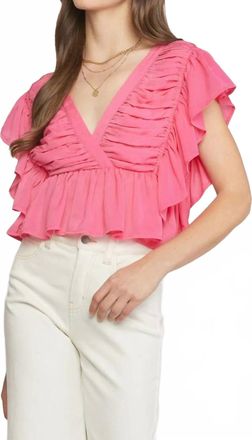 Entro Solid V-Neck Butterfly Sleeve Top In Pink