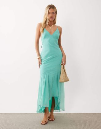 Asos vestito maxi con scollo molto profondo e fondo peplo in aqua-Multicolore