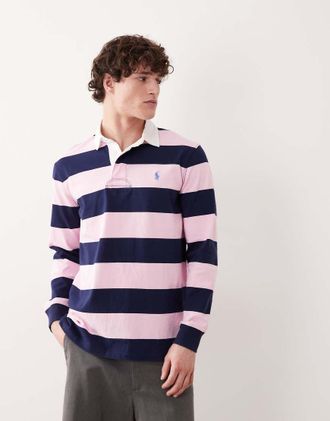 Polo Ralph Lauren Icon - Maglia stile rugby a maniche lunghe rosa e blu navy a righe con logo