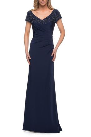 La Femme Short Sleeve Evening Dress with Beaded Neckline in Navy at Nordstrom, Size 14
