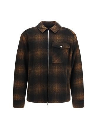 Moncler Mens Flannel Embroidered Zip-Up Shirt Brown Polyester