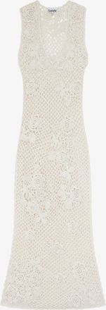 Ganni White Long Dress in Cotton Crochet - Size S Organic