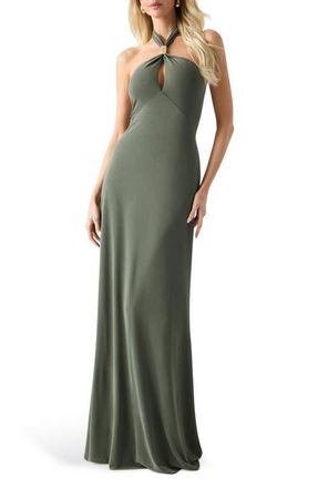 Marciano Soraya Halter Maxi Cocktail Dress in Dark Olive at Nordstrom, Size 12 Us