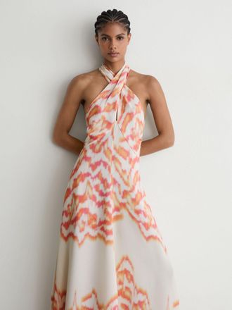 Reiss Coral Orange Printed Halterneck Maxi Dress, 14