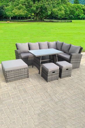 Fimous 9 Seater High Back Rattan Corner Sofa With Oblong Dining Table 3 Footstools in Dark Grey