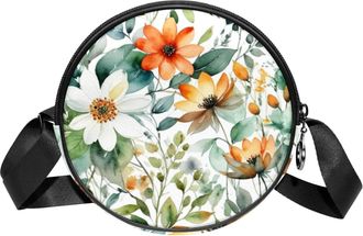 Generic Circle Crossbody Bag for Women, Floral Leaves Small Sling Bag Daypack with Zipper Adjustable Shoulder Straps Casual Ladies Girls Round Purse