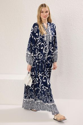 Trendyol Modest Dames Donkerblauw Etnisch patroon Maxi Lang Casual A-lijn Modest Jurken