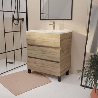 Aurlane Mobile Da Bagno 70 Cm Decor Rovere Naturale Con 3 Cassetti E Lavabo In Ceramica Bianca