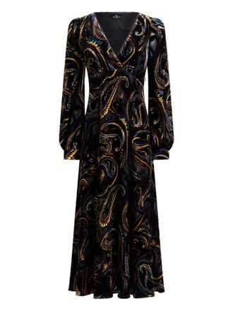 Etro velvet paisley-foliage motif wrap midi dress - Black