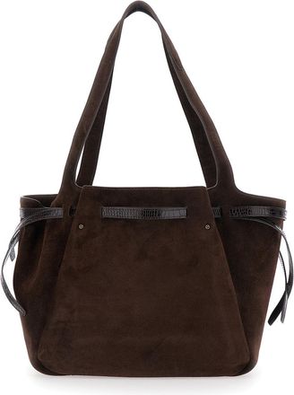 Tory Burch Womens Shoulder Bag Romy Brown Suede Calf Leather Tote
