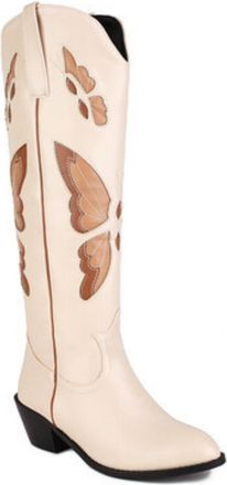 Generic Womens Chunky Heel Western Cowboy Boot Pull on Knee High Boots with Embroidery Stitched Round Toe PU Leather Long Boots,Apricot,5.5 UK