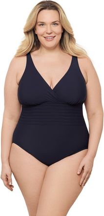 Aqua Green Plus Size V-Neck Surplice Trim Overlay Full Coverage One-Piece Swimsuit in True Navy at Nordstrom, Size 2X