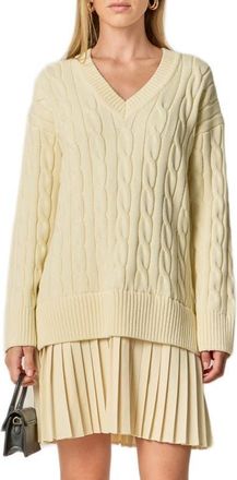 English Factory Long Sleeve Pleated Mixed Media Sweater Dress in Cream at Nordstrom, Size X-Small