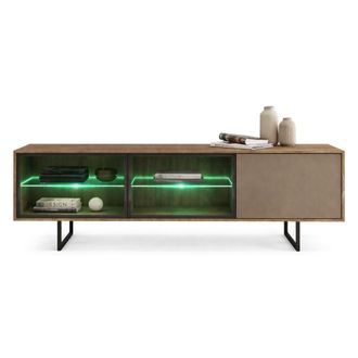 Dmora Mueble Tv Travesio, 3 Estantes, 3 Puertas, Detalle Cristal En Puerta Y Estantes, Con Luces Led, 185x40x60h Cm Nogal Marr&oacute;n