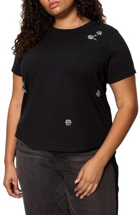Sanctuary Floral Crystal Embellished Organic Cotton T-Shirt in Black at Nordstrom, Size 1X