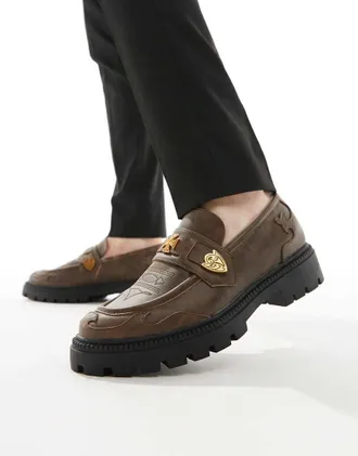 Asos tan leather loafers with western details-Brown