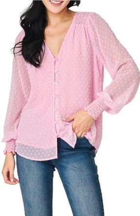 Gibsonlook Pin Dot Smocked Detail V-Neck Blouse in Pink Powder at Nordstrom Rack, Size X-Small