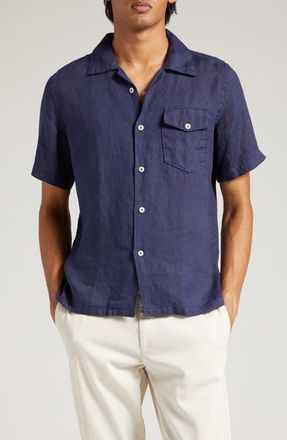 Eleventy Short Sleeve Linen Button-Up Shirt in Navy at Nordstrom, Size X-Large