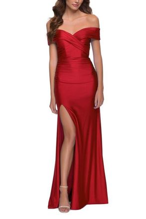 La Femme Off the Shoulder Chic Jersey Gown with Ruching in Red at Nordstrom, Size 16