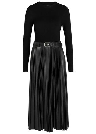 SIMKHAI Abilene Belted Knit and Faux Leather Midi Dress - Black - S (UK8-10 / S)