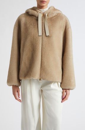 Herno Mink Faux Fur Hooded Blouson Jacket in 1985 Champagne at Nordstrom, Size 44