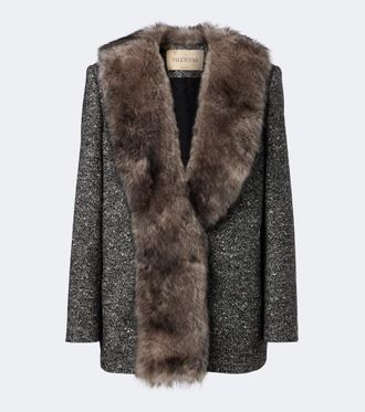 Valentino Shearling-trimmed wool-blend boucl&eacute; blazer