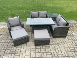 Fimous 7 Seater Rattan Furniture Garden Dining Set Outdoor Height Adjustable Rising lifting Table Love Sofa Chair With Side Table in Dark Grey