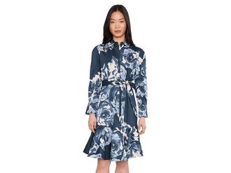 Calvin Klein Long Sleeve Floral Cotton Aline Womens Dress Vintage Indigo : 14, Cotton/Elastane/Polyester