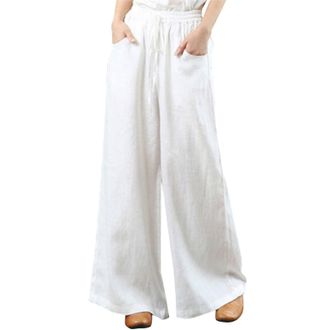 Generic High Waist Wide Leg Palazzo Pants for Women Summer Cotton Linen Loose Plus Size Long Trousers with Pocket Relaxed Fit Bottoms Ladies Comfortable Every