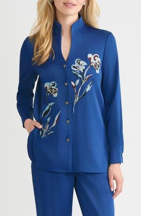 Misook Embroidered Cr&ecirc;pe de Chine Shirt in Lazuli Blue/sngra/prl Gry/blck at Nordstrom, Size Small