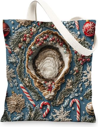 Generic Beach Christmas Oyster Canvas Tote Bag for Shopping 13x15, Beachy Knitting Coastal Xmas Reusable Grocery Print Pattern Bag for Women Men, Holiday Seal