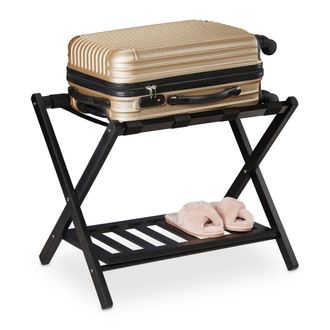 Relaxdays Relaxdays Soporte Para Maletas Plegable, Reposa Maletas Madera, Porta Equipajes, 2 Baldas, 54,5x66x44 Cm, Color Negro