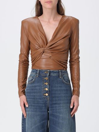 Elisabetta Franchi Top da sera a maniche lunghe in similpelle drappeggiata