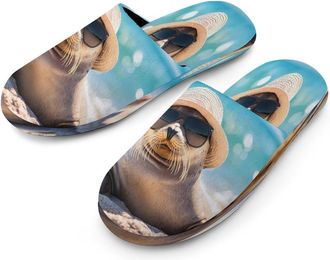 Generic Cute Sea Lion Mens Flannel Slipper Soft Comfy House Shoes Non Slip Winter Warm Indoor Outdoor Slippers