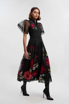Karen Millen Womens Botanical Embroidery Organdie Angel Sleeve Midi Dress - Floral - Size 6 UK