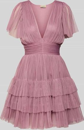 Lace & Beads Cocktailkleid im Stufen-Look mit V-Ausschnitt in Rose, Größe XXL