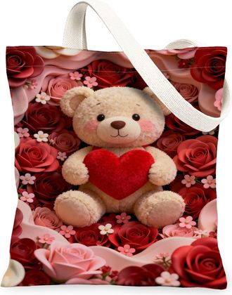 Generic ValentineS Floral Canvas Tote Bags, Cute Bear Heart Pattern Reusable Grocery Bags, Vintage Lightweight Washable Shoulder S, Red, 13x15 Inch