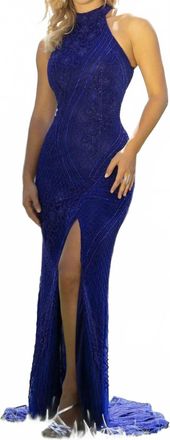 Primavera Jeweled Halter Neck Long Prom Gown In Royal Blue
